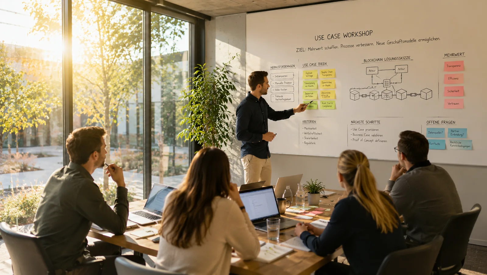 Workshop-Situation zur Bewertung von Blockchain Use Cases am Whiteboard