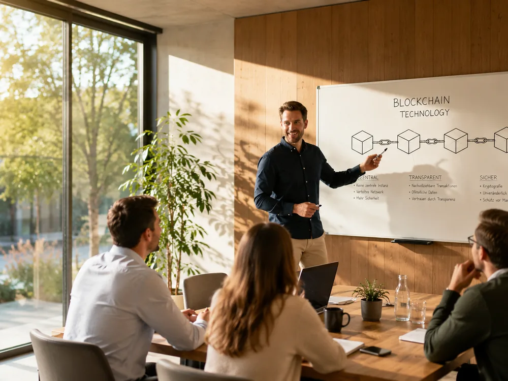 Warme Beratungssituation zu Blockchain-Grundlagen am Whiteboard